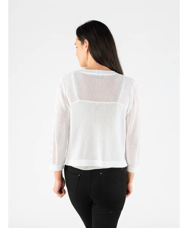 White edge to edge patterned shrug with 3/4 sleeve