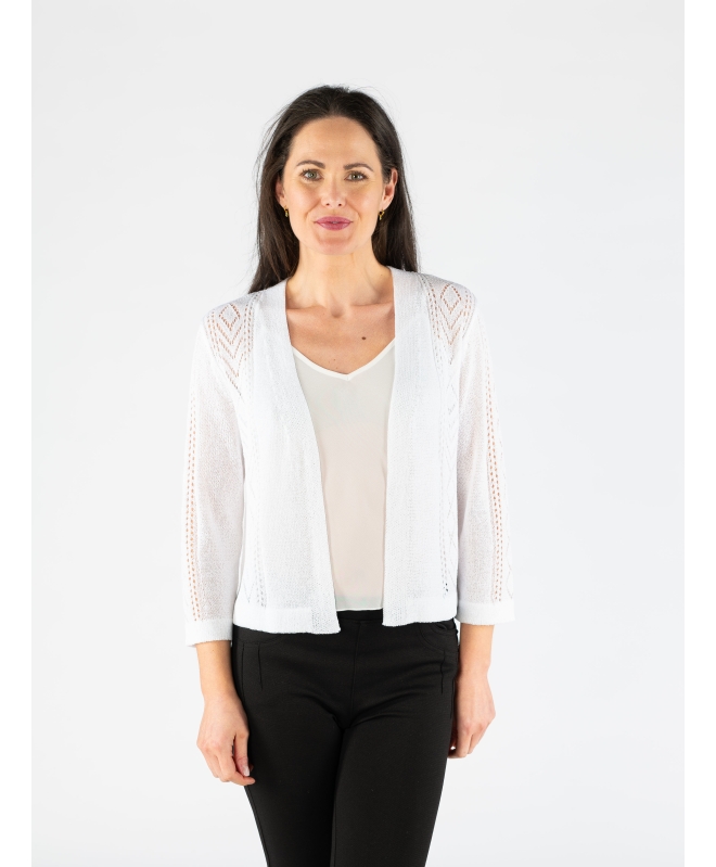 White edge to edge patterned shrug with 3/4 sleeve