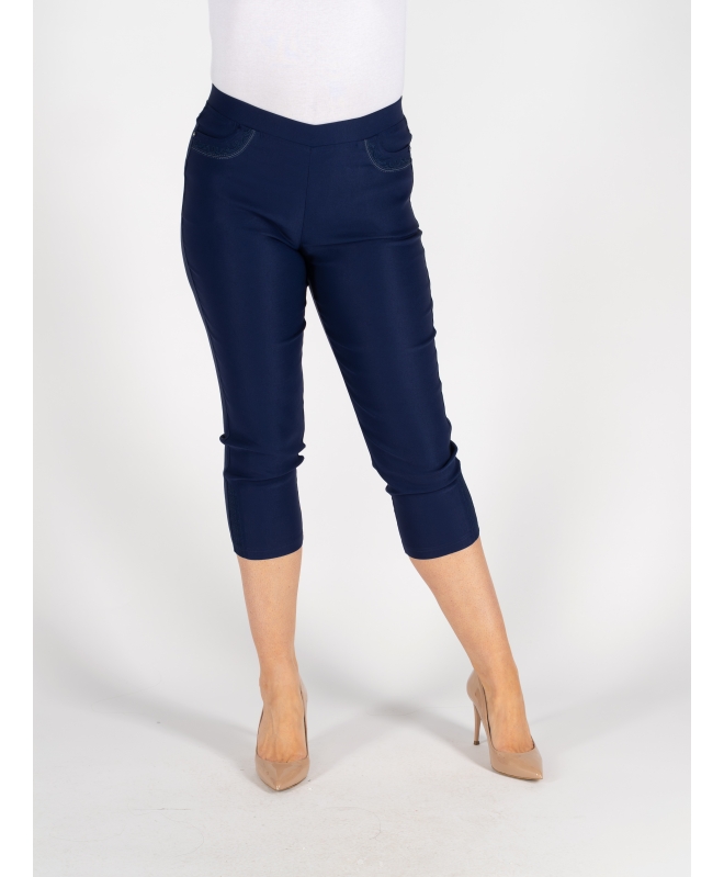 NAVY CROP 22 INCH TROUSER EMBR POCKET HEM DETAIL