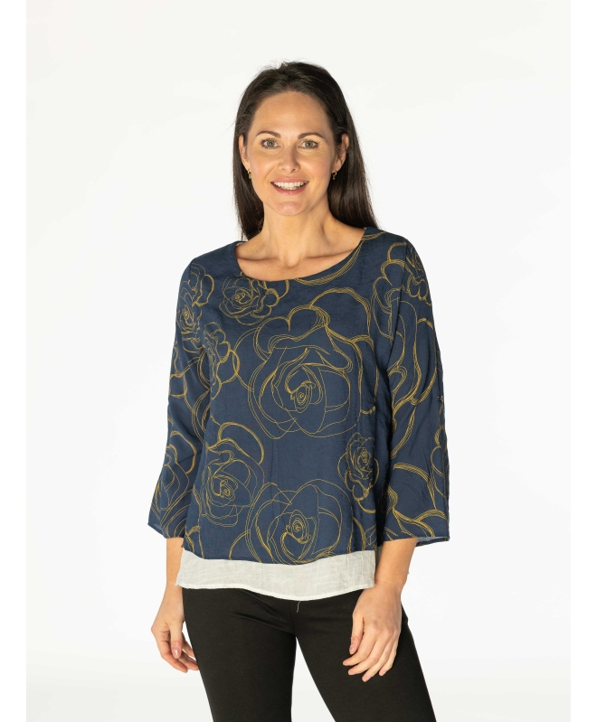 Flower print layered top round neck 3/4
