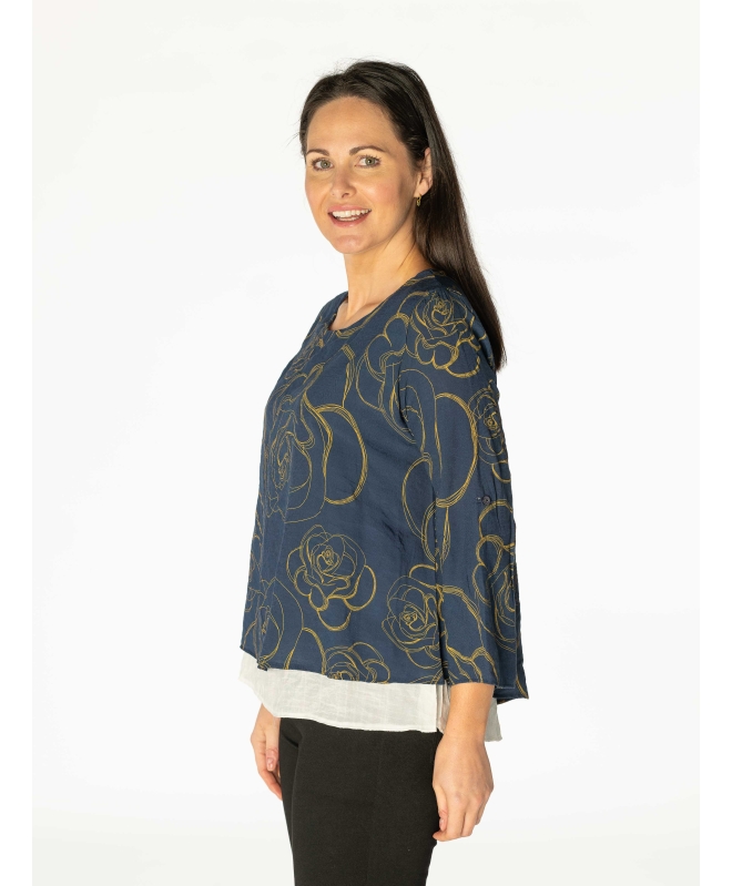 Flower print layered top round neck 3/4