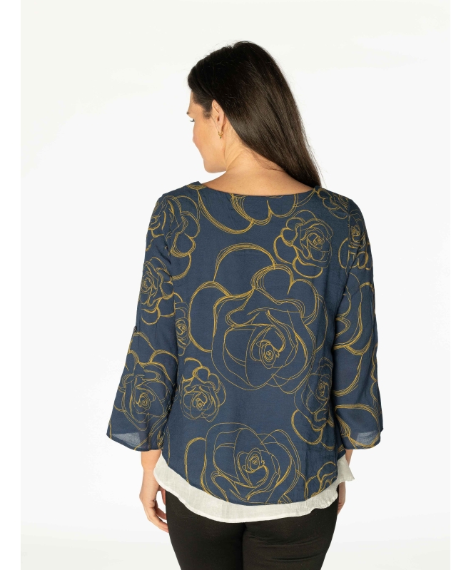 Flower print layered top round neck 3/4