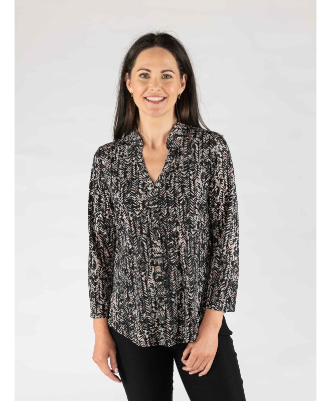 Black Colour Print top with button placket 3/4 sleeve