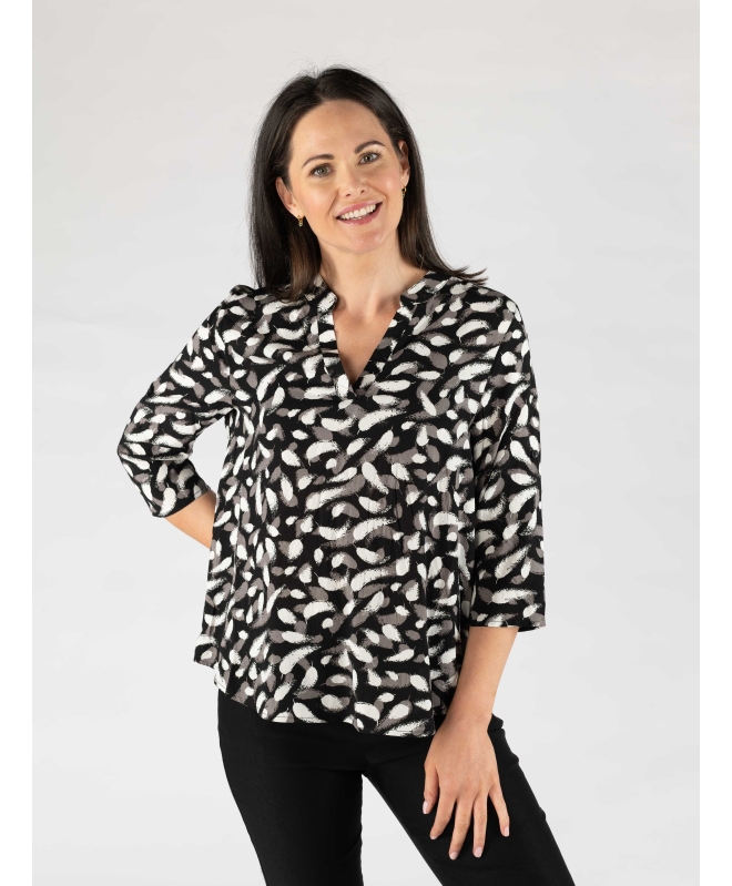 Brushstroke print top with tab and buttoN