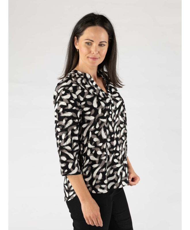 Brushstroke print top with tab and buttoN