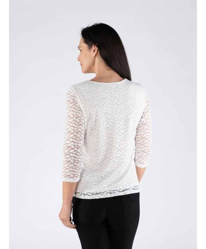 FLOWER PRINT WHITE LACE TOP ROUND NECK WITH 3/4 SLEEVE