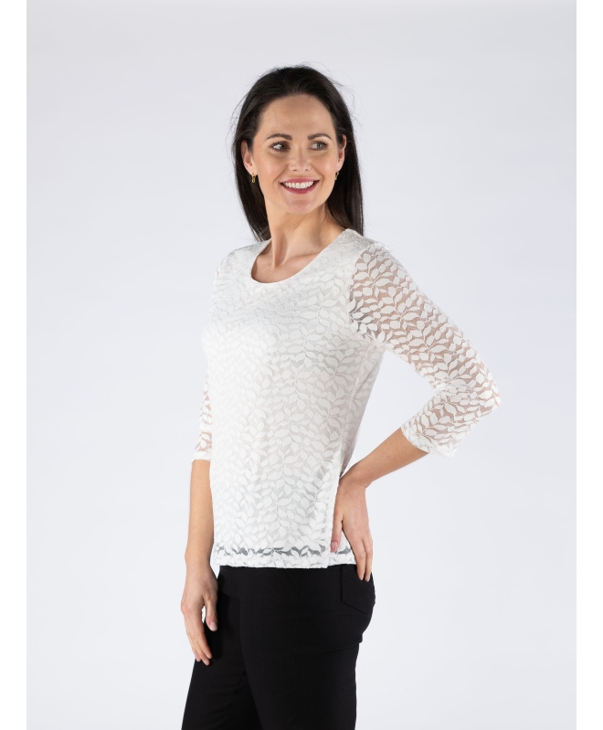 FLOWER PRINT WHITE LACE TOP ROUND NECK WITH 3/4 SLEEVE