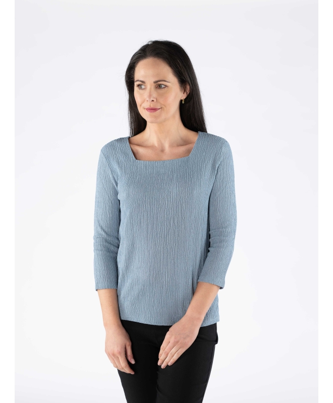 Blue Textured fabric top square neck with 3/4 sleeve