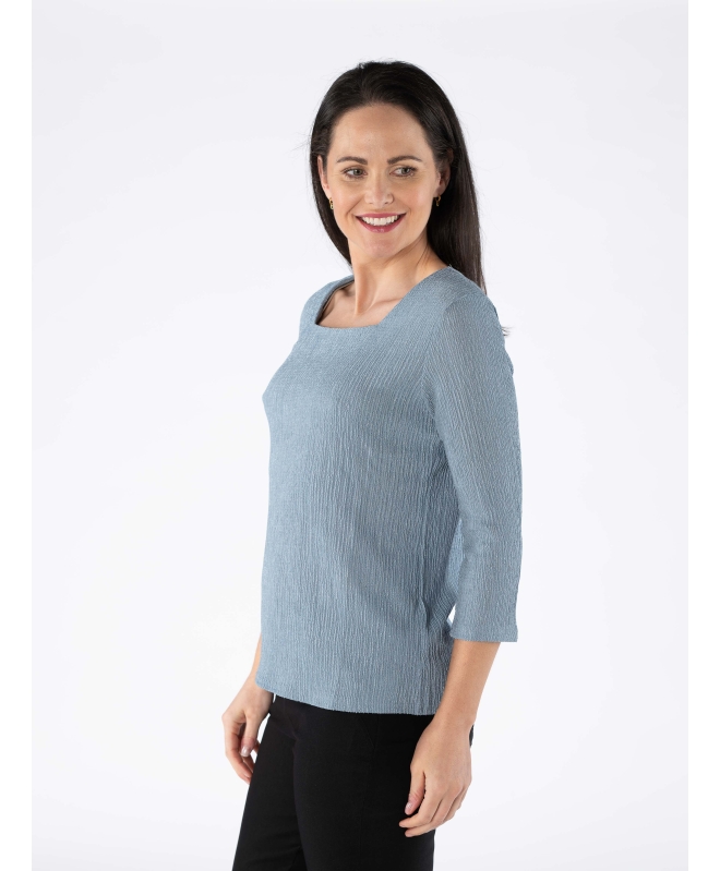 Blue Textured fabric top square neck with 3/4 sleeve