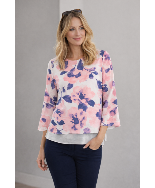 FLOWER PRINT LAYERED TOP ROUND NECK 3/4 SLEEVE