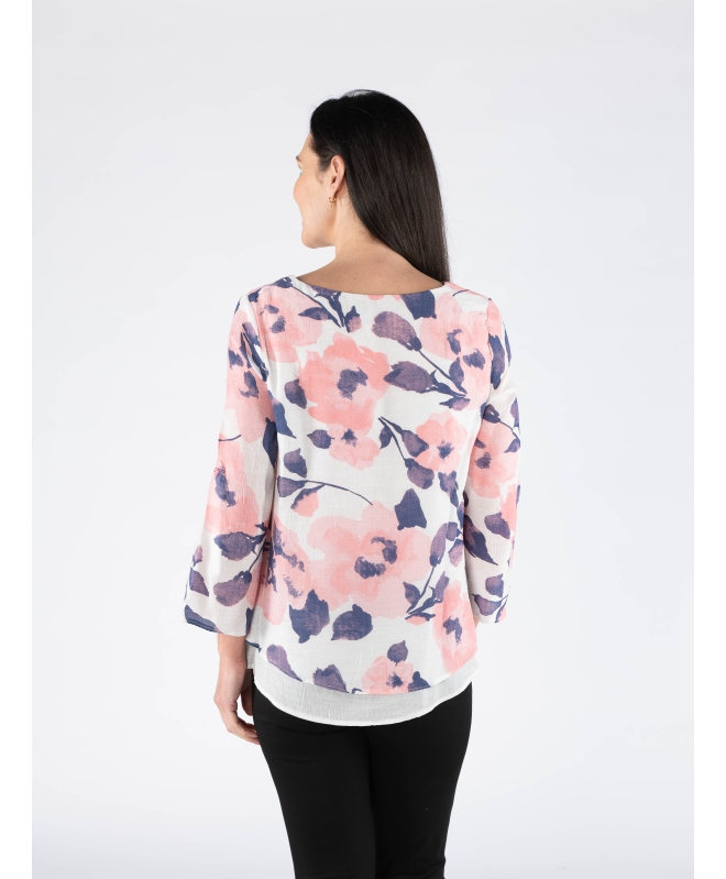 FLOWER PRINT LAYERED TOP ROUND NECK 3/4 SLEEVE