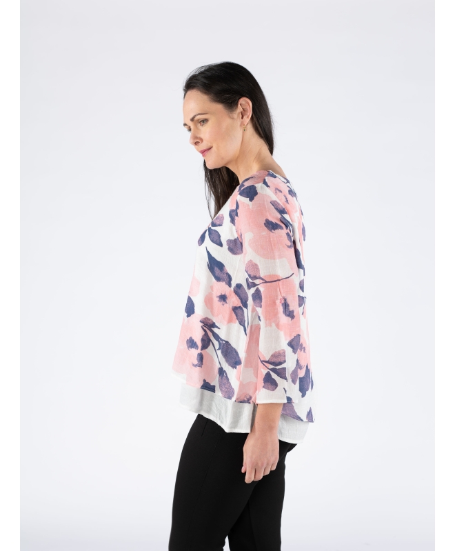 FLOWER PRINT LAYERED TOP ROUND NECK 3/4 SLEEVE