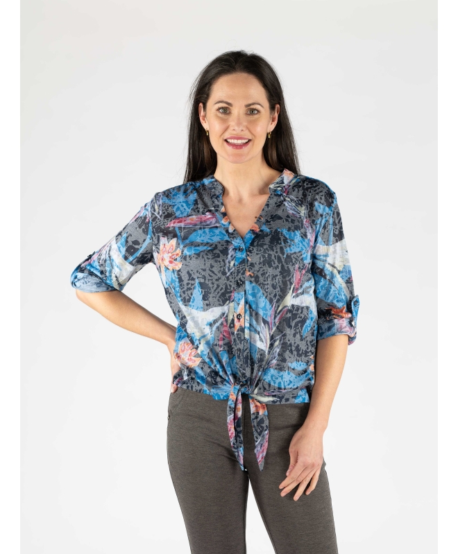 Leaf Print Burnout Top Tie Front Button 