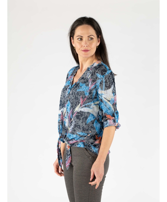 Leaf Print Burnout Top Tie Front Button 