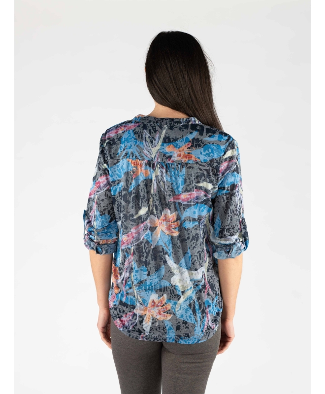 Leaf Print Burnout Top Tie Front Button 
