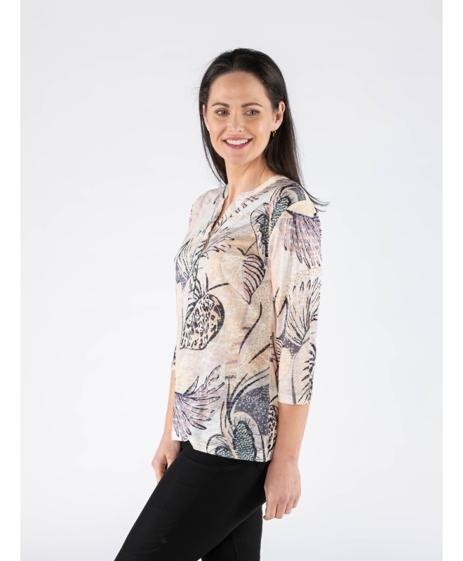 LEAVES PRINT  BUTTON PLACKET TOP WITH ROUND NECK