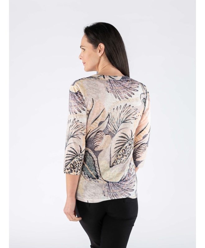 LEAVES PRINT  BUTTON PLACKET TOP WITH ROUND NECK