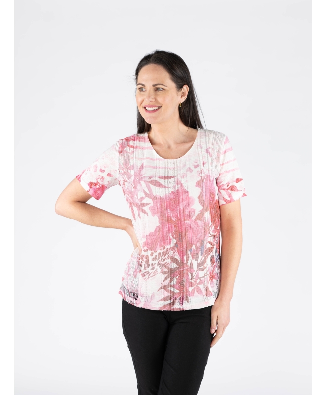 Leaf Print Burnout Top Lace Front