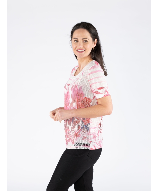 Leaf Print Burnout Top Lace Front