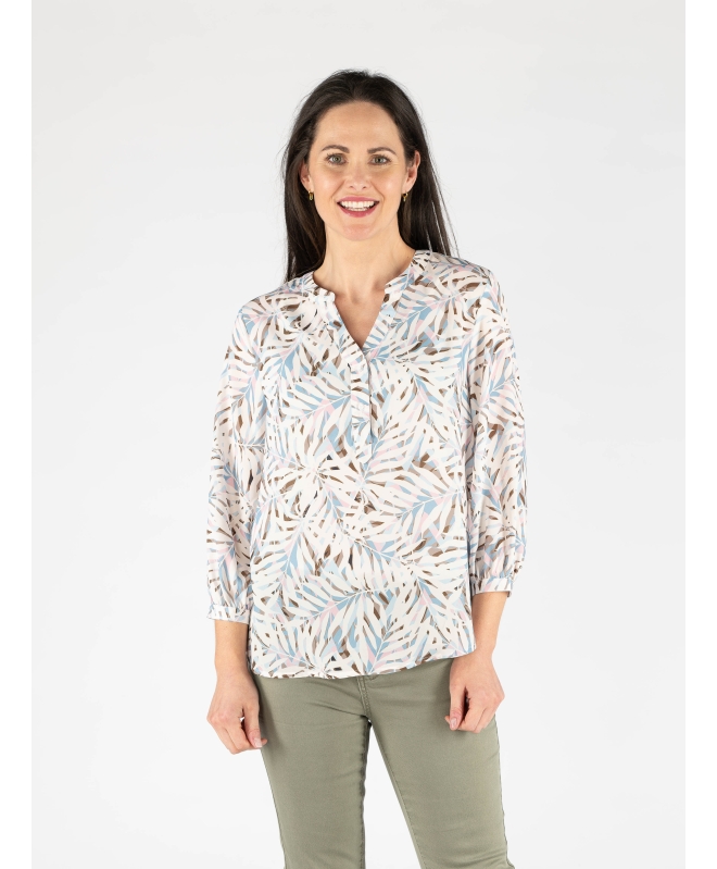 TROPICAL TOP  Buttoned Cuff 3/4 SLEEVE - WHITE MULTI