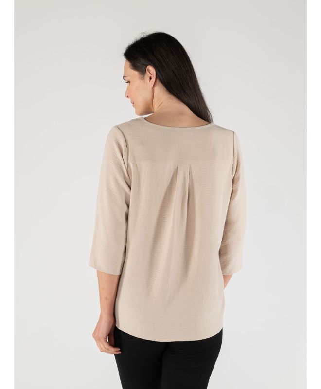 BEIGE BUTTON V-NECK TOP WITH 3/4 SLEEVE