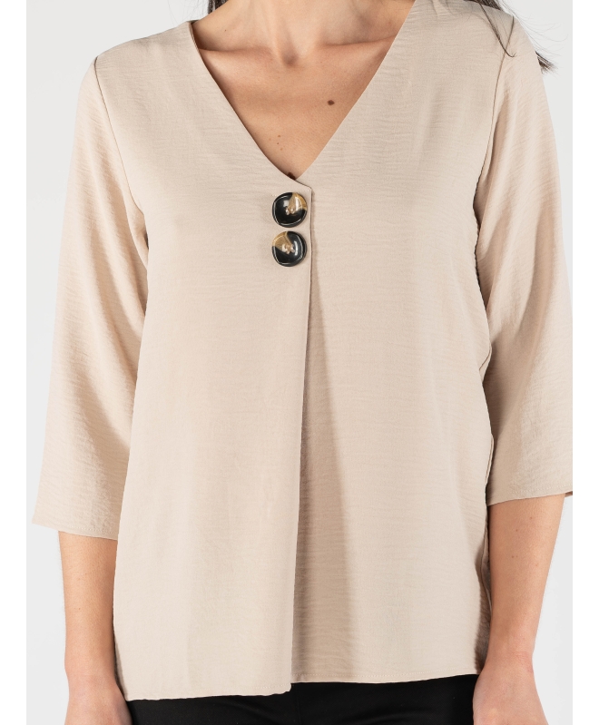 BEIGE BUTTON V-NECK TOP WITH 3/4 SLEEVE