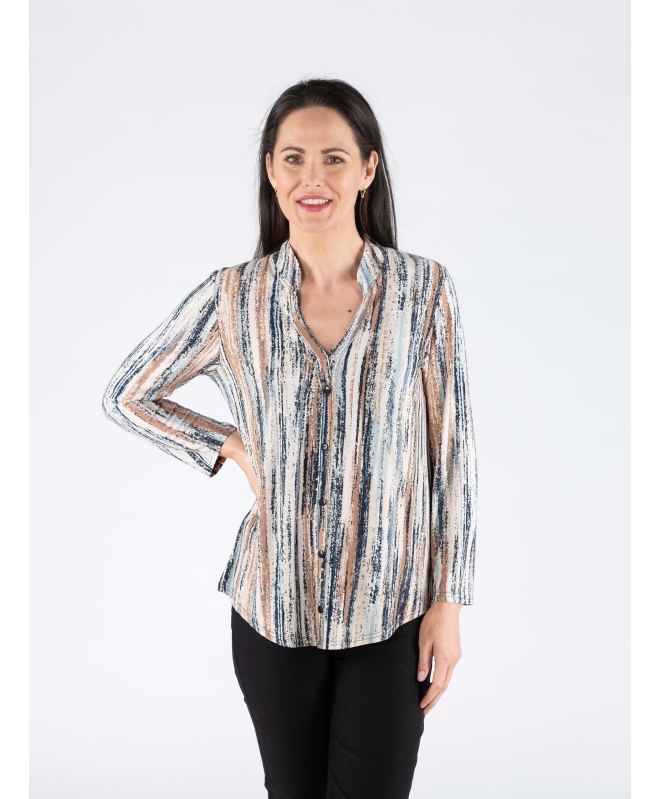 BEIGE MULTI STRIP PRINT TOP WITH BUTTON PLACKET