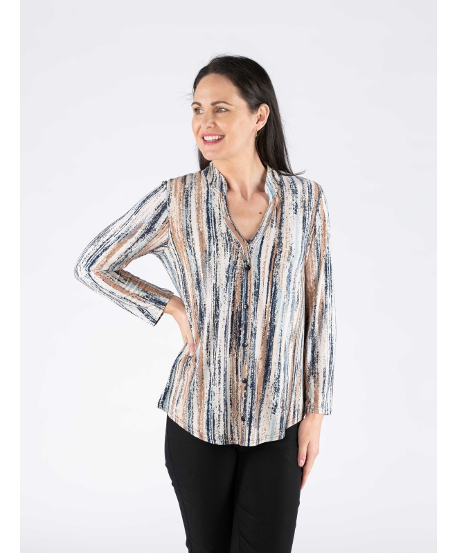 BEIGE MULTI STRIP PRINT TOP WITH BUTTON PLACKET