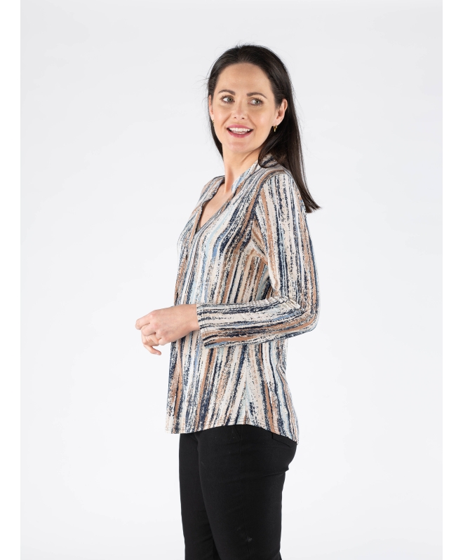 BEIGE MULTI STRIP PRINT TOP WITH BUTTON PLACKET