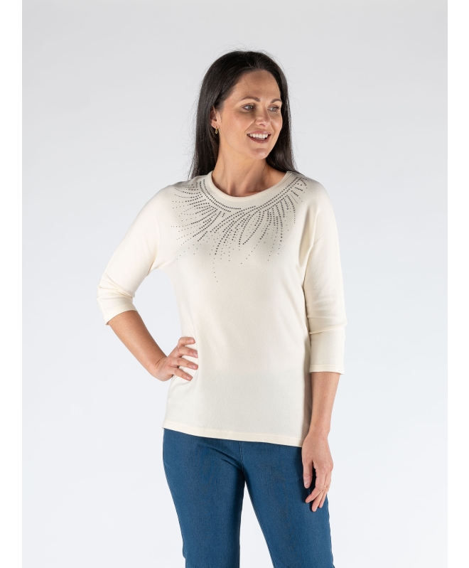 IVORY HOTFIX DETAIL TOP WITH 3/4 SLEEVE