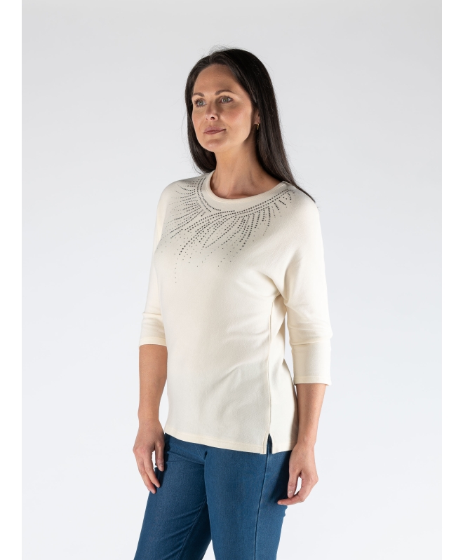 IVORY HOTFIX DETAIL TOP WITH 3/4 SLEEVE