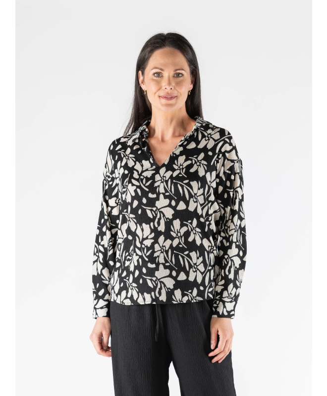 FLOWER PRINT V NECK LONG SLEEVE WITH COLLOR