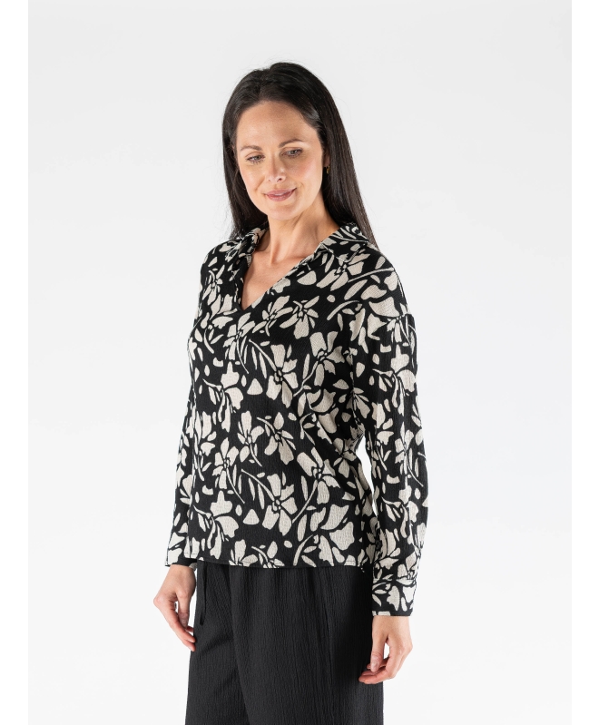 FLOWER PRINT V NECK LONG SLEEVE WITH COLLOR