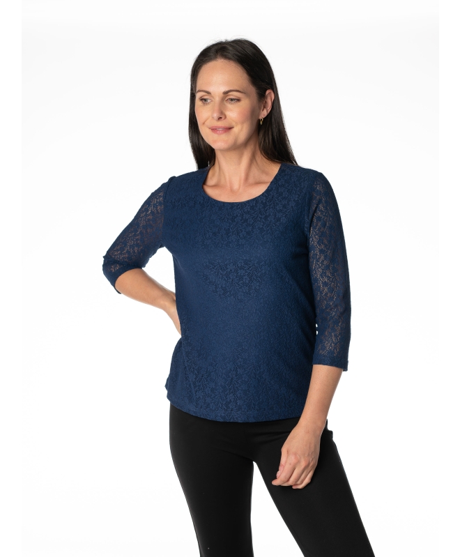 ROUND NECK LACE TOP WITH 3/4 SLEEVE