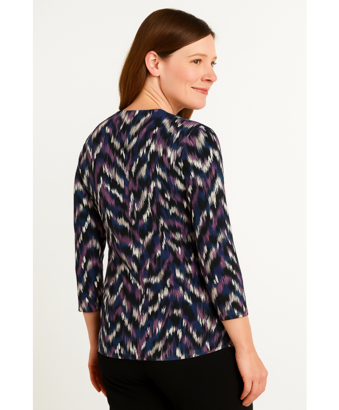 Wavy Print Top With Button Placket 3/4 Sleeve