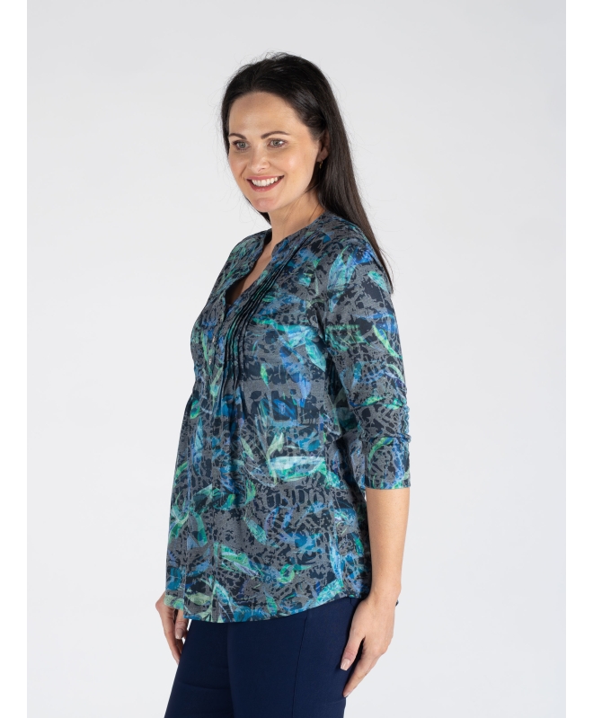 SWIRL LEAF PRINT BURNOUT TOP BUTTON PLEA