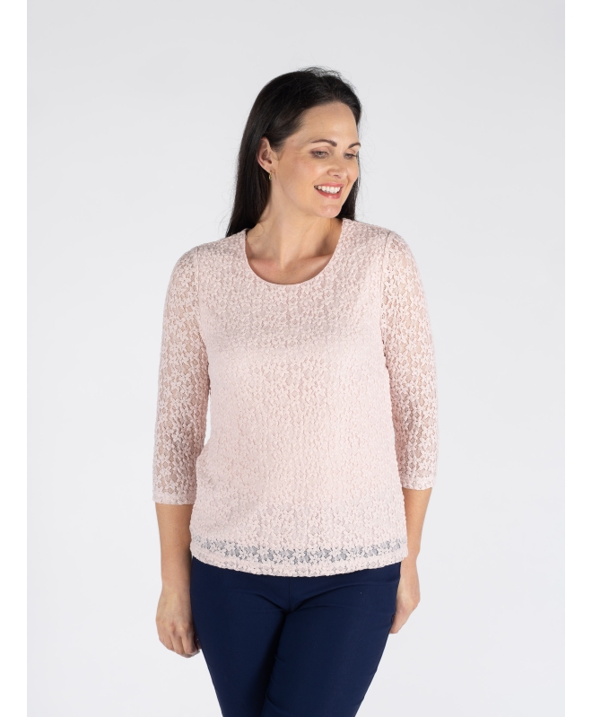 PINK ROUND NECK LACE TOP 3/4 SLEEVE