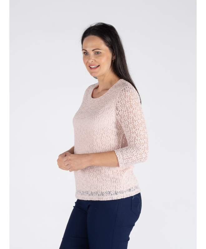 PINK ROUND NECK LACE TOP 3/4 SLEEVE