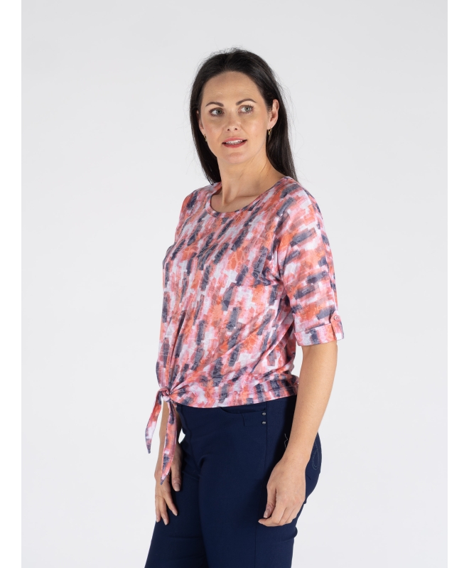 CORAL BLOCK PRINT TIE FRONT TOP WITH SHORT SLEEVE