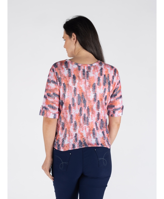 CORAL BLOCK PRINT TIE FRONT TOP WITH SHORT SLEEVE
