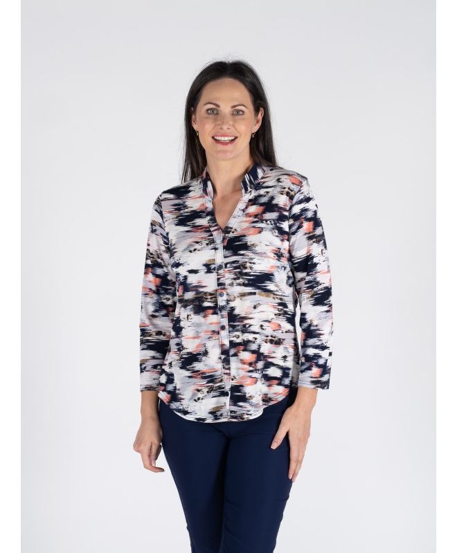 PEACH PRINT TOP WITH BUTTON PLACKET 3/4 SLEEVE