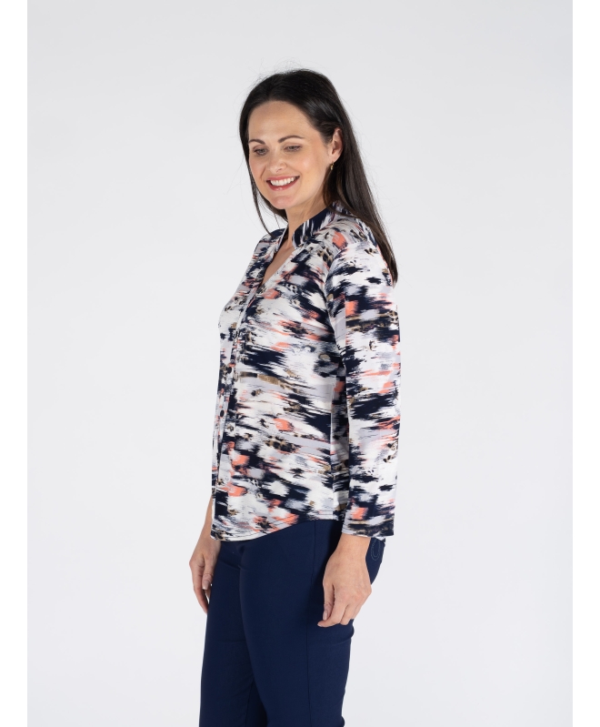 PEACH PRINT TOP WITH BUTTON PLACKET 3/4 SLEEVE