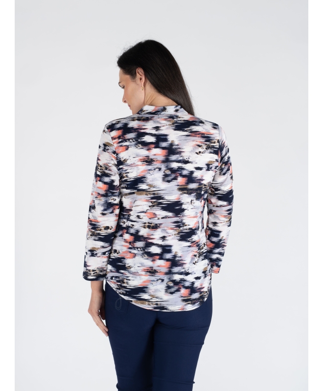 PEACH PRINT TOP WITH BUTTON PLACKET 3/4 SLEEVE