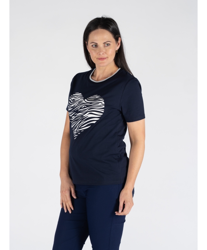 HEART PRINT TOP LUREX TRIM ROUND NECK