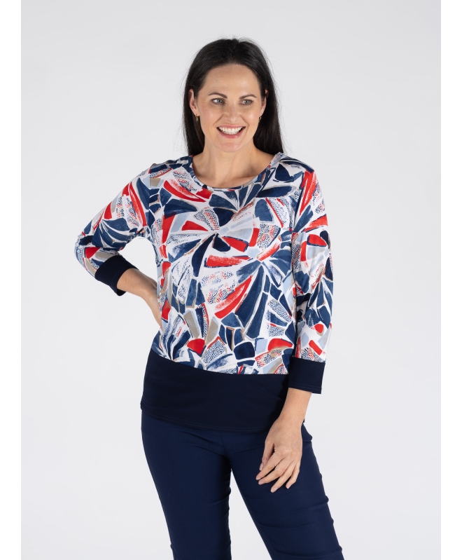 SWIRLY BLOCK PRINT TOP CONTRAST PANEL 3/4 SLEEVE