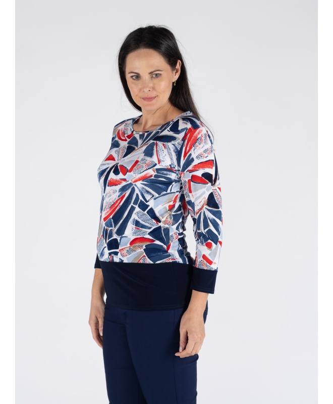 SWIRLY BLOCK PRINT TOP CONTRAST PANEL 3/4 SLEEVE