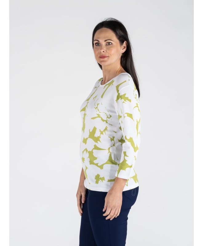 GREEN PRINT Flower Print Top 3/4 Sleeve Without Stone