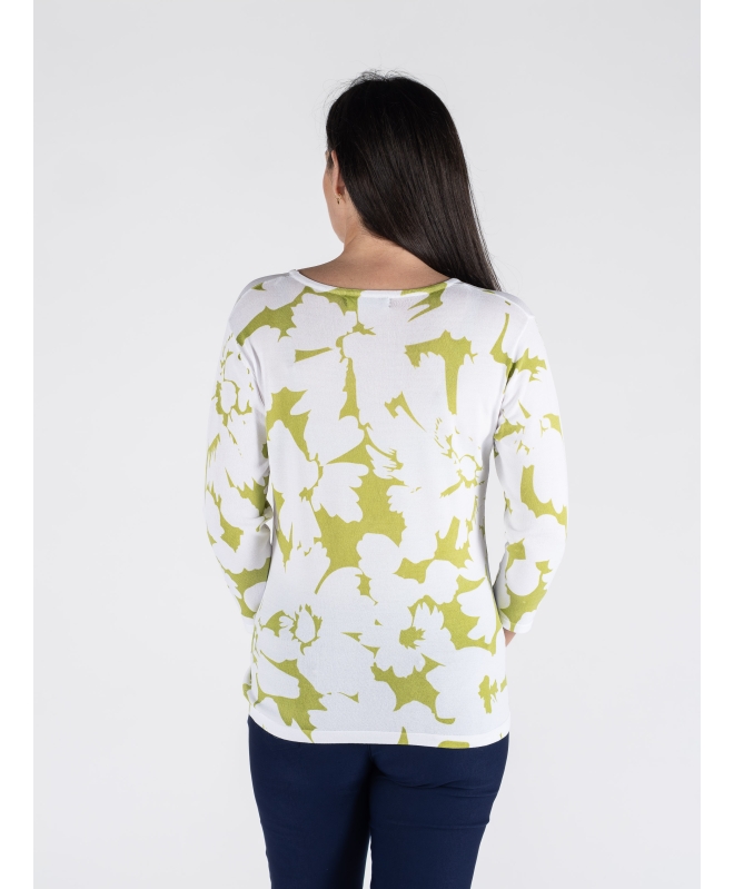 GREEN PRINT Flower Print Top 3/4 Sleeve Without Stone