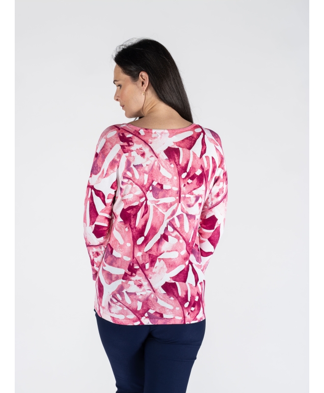 CERISE BOLD LEAF PRINT TOP & 3/4 SLEEVE ROUND NECK