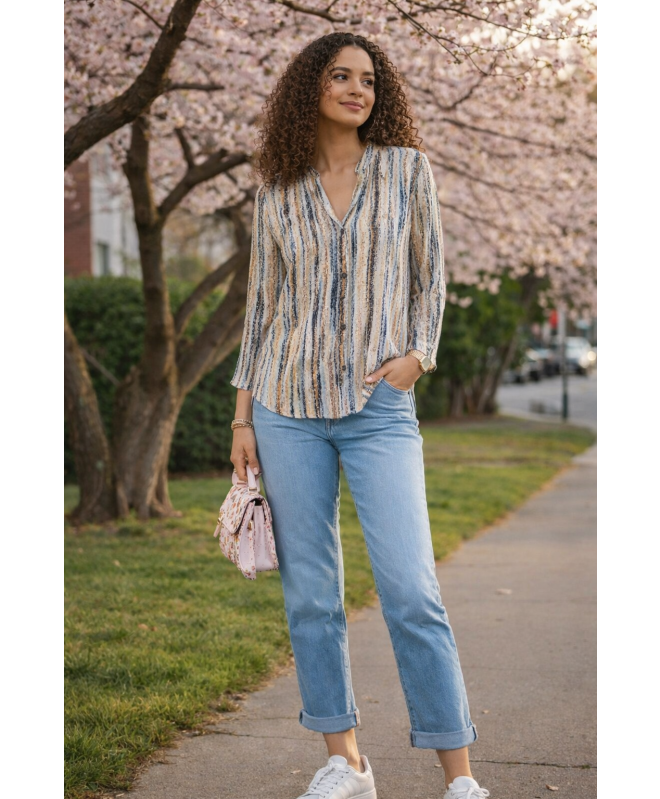 BEIGE MULTI STRIP PRINT TOP WITH BUTTON PLACKET